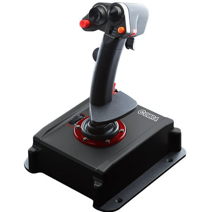 Joystick controller with red accents on a white background