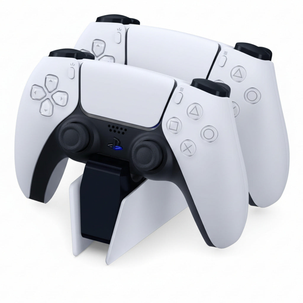 Two white gaming controllers with black accents on a white background