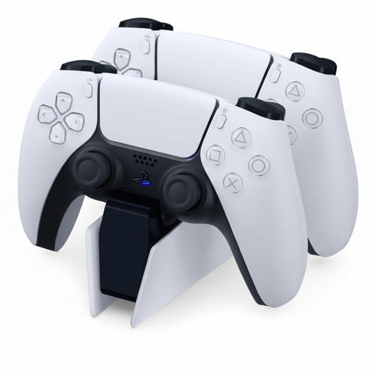 Two white gaming controllers with black accents on a white background