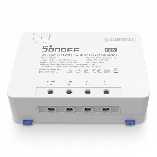 Sonoff Wi-Fi smart switch with energy monitoring on a white background