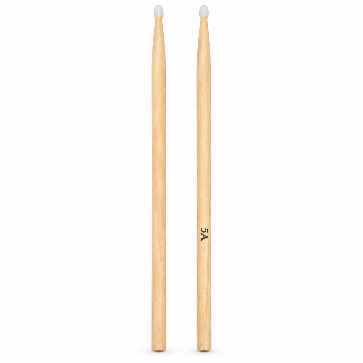 5A wooden drum sticks with nylon tips, front view