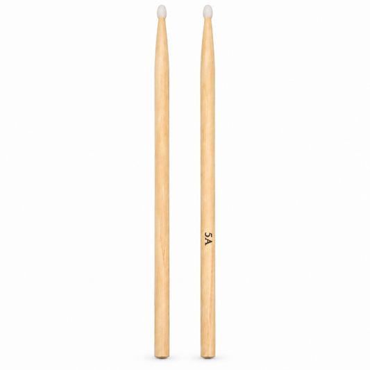 5A wooden drum sticks with nylon tips, front view