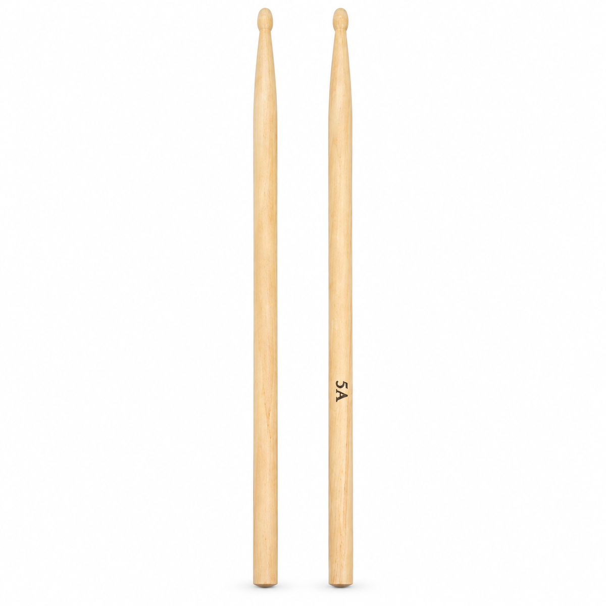 Pair of 5A wooden drum sticks with wooden tips, front view