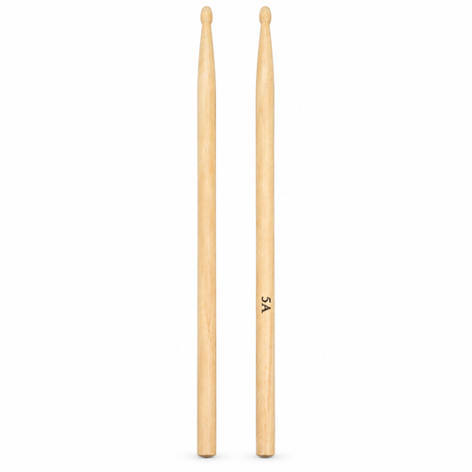 Pair of 5A wooden drum sticks with wooden tips, front view