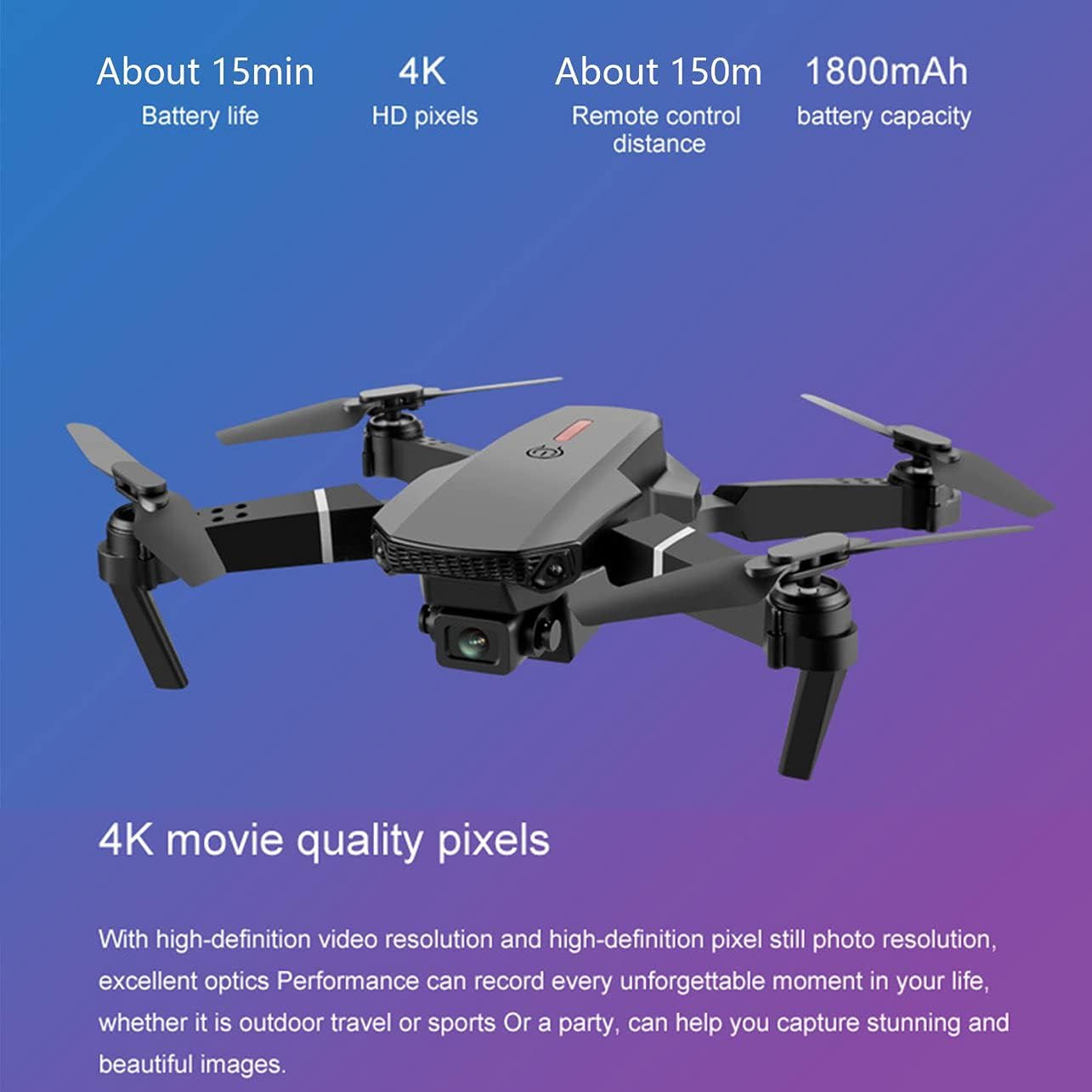 E88 Pro Drone 4k With High Definition Camera WiFi Foldable Drone 2.4G 6 Axis RC Altitude Hold - Black gametricks