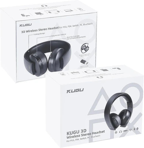 KUGU Multi-Plalform 3D Wireless Gaming Headset with 7.1 Virtual Surround Sound & Internal Microphone, For PS5, PS4, PC, Switch, and Bluetooth devices - Black KUGU