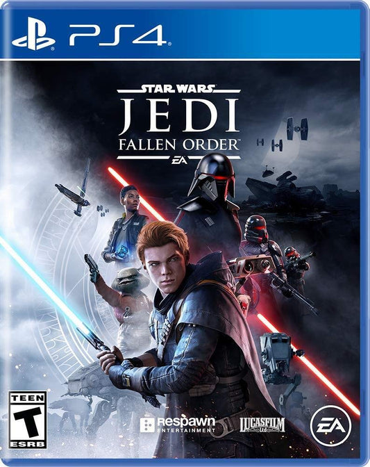 Star Wars Jedi: Fallen Order game cover for PS4 with characters and lightsabers on a dark background.