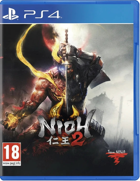 Nioh 2 game cover for PlayStation 4 with a warrior holding a sword.