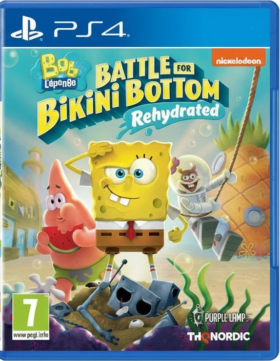 Game cover for 'Bob L'éponge Battle for Bikini Bottom Rehydrated' on PS4 with SpongeBob, Patrick, and Gary.