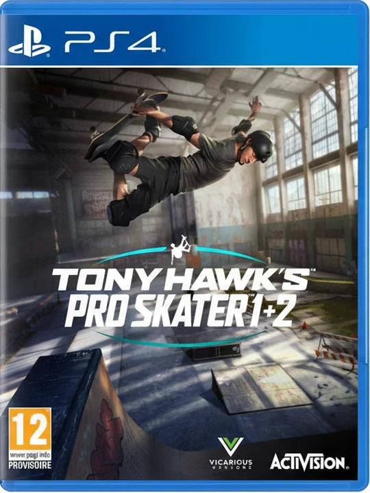 Game cover for 'Tony Hawk's Pro Skater 1+2' on PS4 with a skater mid-air.