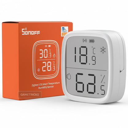 Sonoff digital temperature and humidity sensor with packaging on a white background