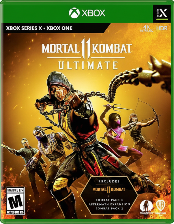 Mortal Kombat 11 Ultimate game box for Xbox with characters and branding.