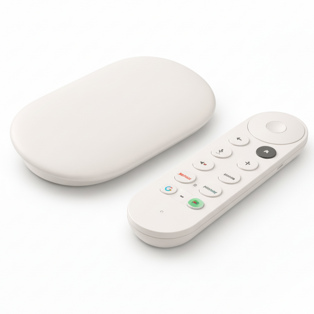 White remote control and round device on a white background