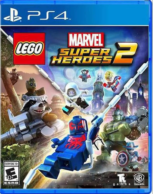PlayStation 4 game case for 'LEGO Marvel Super Heroes 2' with characters and branding.