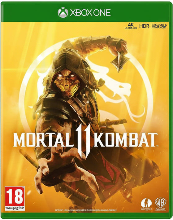 Mortal Kombat 11 game cover for Xbox One with character in hooded outfit on yellow background