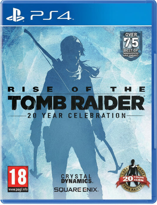 Game cover for 'Rise of the Tomb Raider' 20 Year Celebration on PS4 with character silhouette and branding.