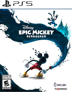 Game cover of Disney Epic Mickey Rebrushed for PS5 with stylized Mickey Mouse and blue splash design.