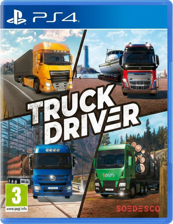 Box art for 'Truck Driver' game on PS4 with various trucks and landscapes.