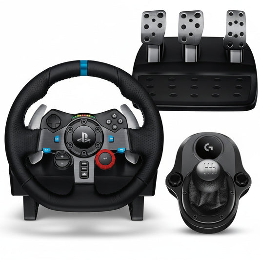 Logitech G29 driving wheel and pedals set on a white background