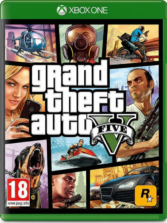 Box art for 'Grand Theft Auto V' on Xbox One with various characters and scenes.