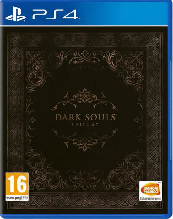 PlayStation 4 game case for 'Dark Souls Trilogy' with decorative elements and branding.