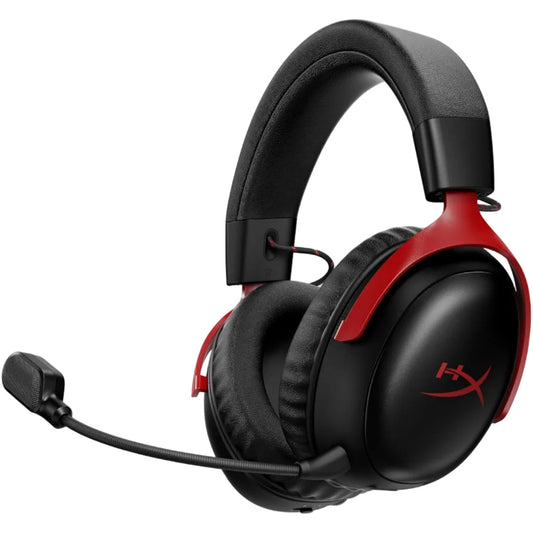 Black and red gaming headset with microphone on a white background
