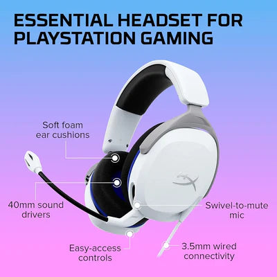 HyperX Cloud Stinger 2 Core - Gaming Headset for Playstation, Lightweight Over-Ear Headset with mic, Swivel-to-Mute Function, 40mm Drivers - White