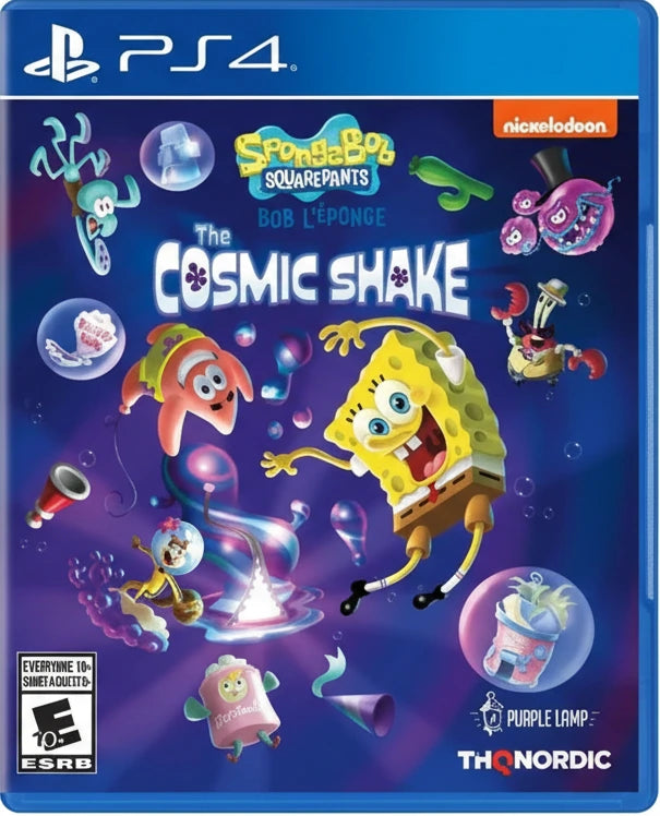 Game cover for 'SpongeBob SquarePants: The Cosmic Shake' on PS4 with SpongeBob and friends on a blue background.