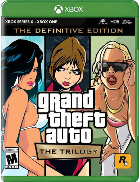 Box art for 'Grand Theft Auto: The Trilogy' on Xbox with three characters and game title.