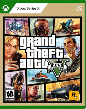 Grand Theft Auto V cover art for Xbox Series X with character images and game title.