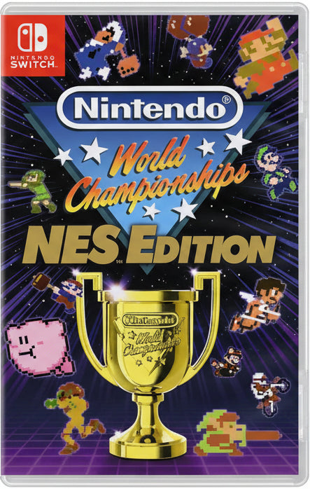 Nintendo World Championships NES Edition packaging with characters and trophy on a purple background