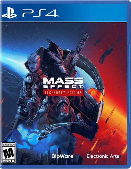 Mass Effect Legendary Edition cover for PS4 with characters and space-themed background
