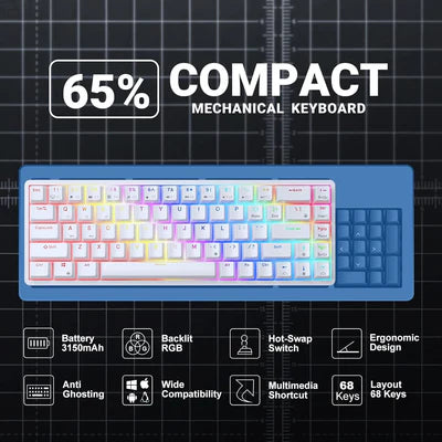 RK ROYAL KLUDGE RK68 | RK837 65% Triple Mode Wireless Bluetooth5.1/2.4G/Wired, Hot Swappable Mechanical Gaming Keyboard, 68 Keys RGB - White