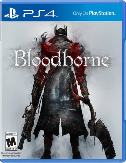 Game cover of 'Bloodborne' for PS4 with a character holding weapons against a snowy background.