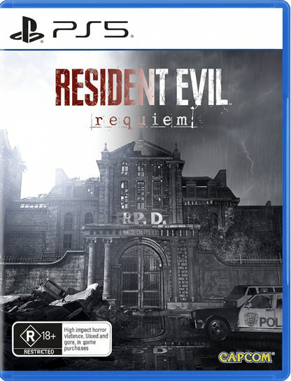 Game cover of 'Resident Evil Requiem' for PS5 with a dark, dystopian landscape.