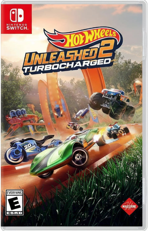 Hot Wheels Unleashed 2 Turbocharged game cover with racing cars and track on a grassy background.