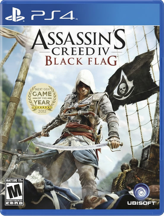 Assassin's Creed IV Black Flag game cover for PS4 with character holding a sword and pirate flag.