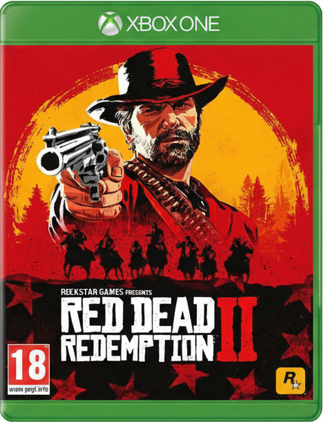 Red Dead Redemption II game cover for Xbox One with a cowboy holding a gun against a red and yellow background.