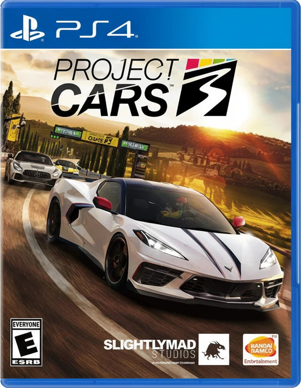 Box art for 'Project CARS 3' with a white sports car on a race track, featuring the PS4 logo.