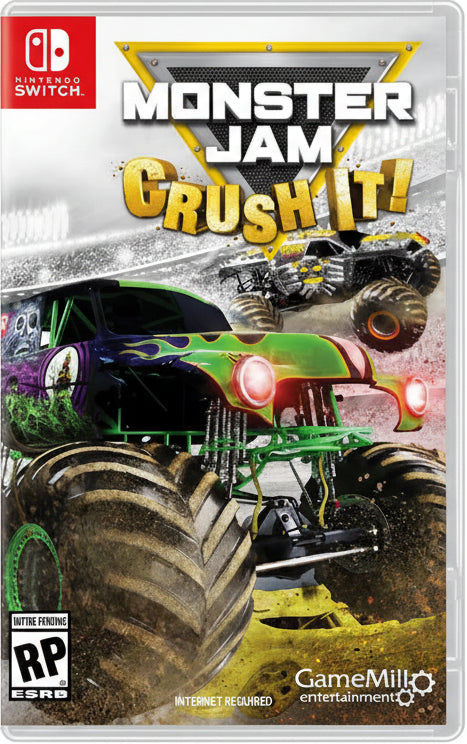 Monster Jam Crush It! game cover for Nintendo Switch with monster trucks and GameMill Entertainment logo.