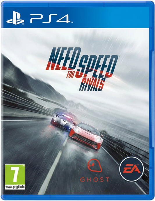 Game cover of 'Need for Speed: Rivals' for PS4 with two racing cars on a wet road.