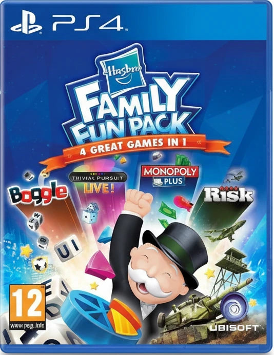 PS4 Family Fun Pack with Monopoly, Boggle, and Risk logos on a blue background