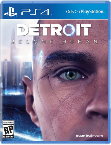 Game cover of 'Detroit: Become Human' for PS4 with a close-up of a character's face.