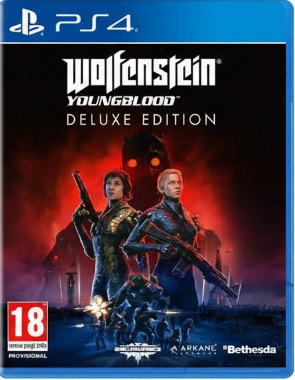 Wolfenstein Youngblood Deluxe Edition cover for PS4 with two characters and a robot in the background.