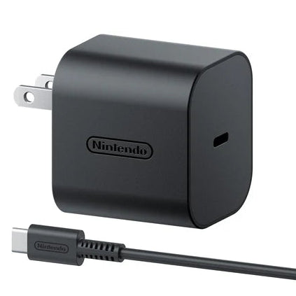 Black Nintendo charger with cable on a white background