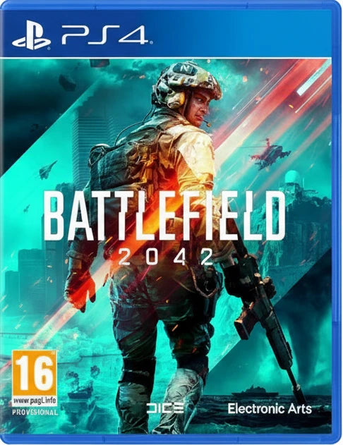 Game cover for 'Battlefield 2042' on PS4 with a soldier and futuristic cityscape.