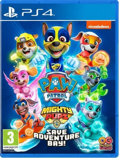 PS4 game cover for 'Paw Patrol Mighty Pups Save Adventure Bay' with characters and Nickelodeon logo.