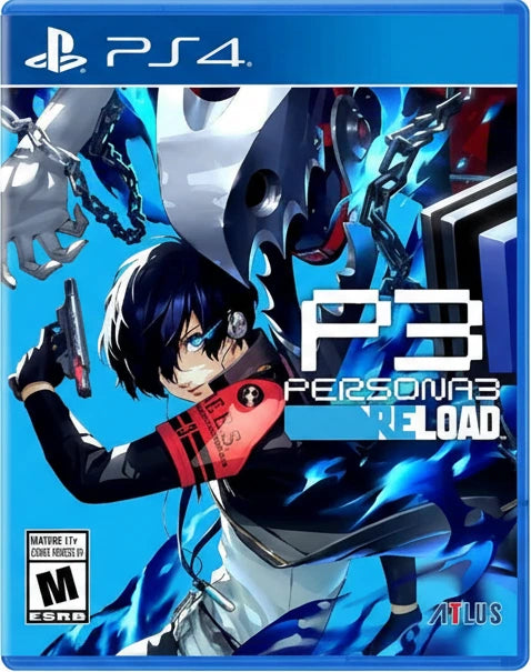 Game cover for 'Persona 3 Reload' on PS4 with character holding a gun against a blue background.