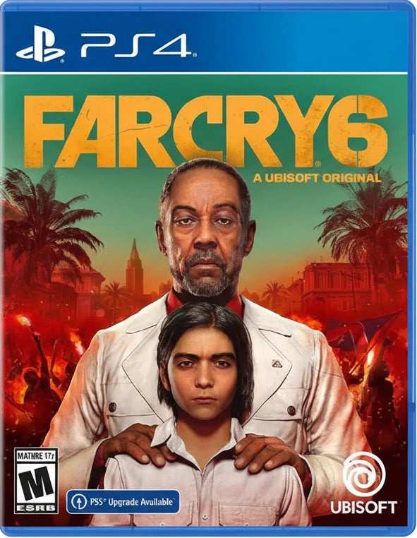 Game cover for Far Cry 6 on PS4 with two characters and Ubisoft logo.