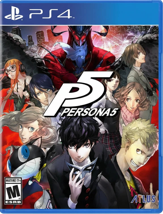 Cover of 'Persona 5' game for PS4 with characters and game logo.
